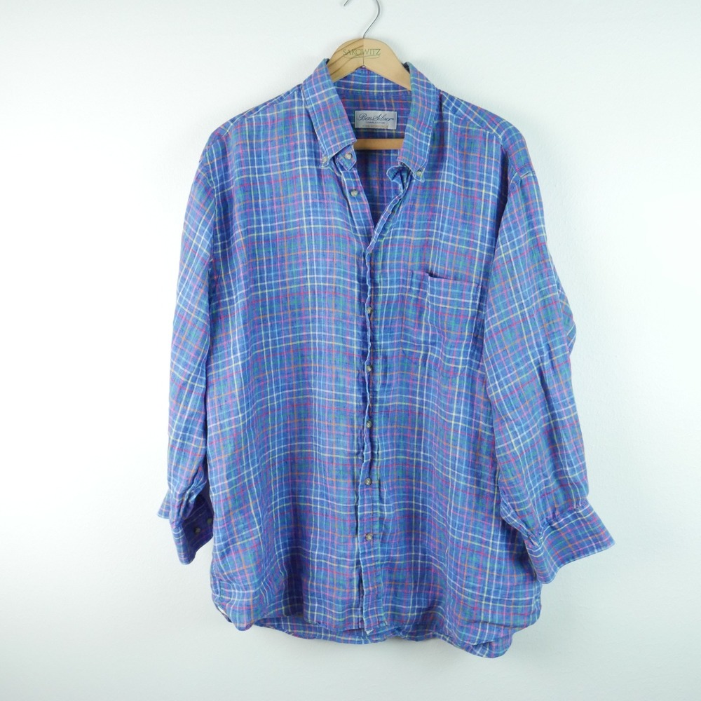 Ben Silver Charleston Shirt XL Blue Multi Color Plaid 100% Linen Button Down